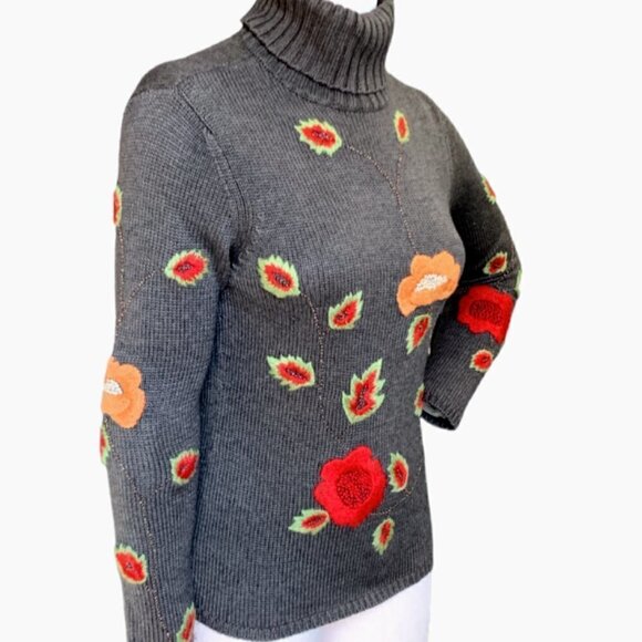 Vintage Carlisle Floral Embroidered Silk-Cashmere Turtleneck Sweater S #83B - Picture 3 of 9